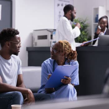 Medical assistant examining young man